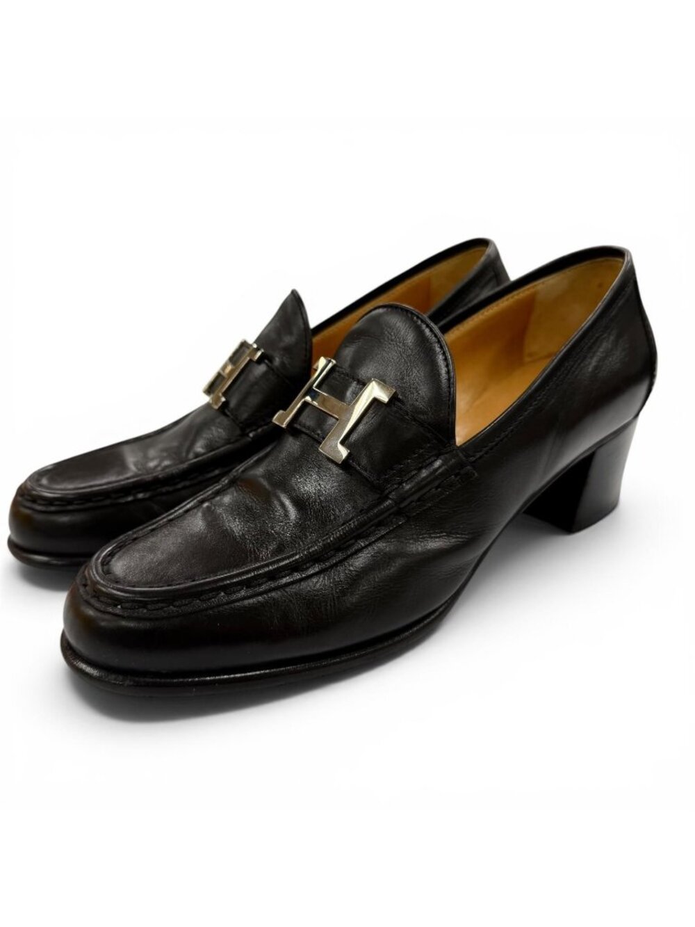 Hermes Constance Silver H Chunkyheels Leather Loafers Black